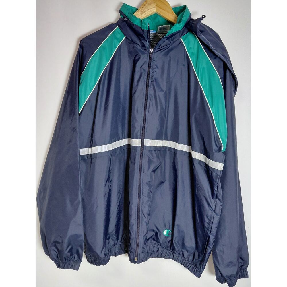 LR9 Champion LARGE Champion Nylon Windbreaker Jacket Blue Solid Long Size L